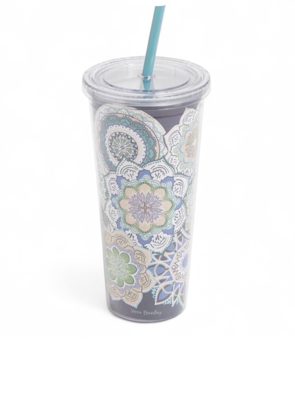 Vera Bradley Blue Teal Mandala Pattern Insulated Acrylic Tumbler w/ Teal Straw